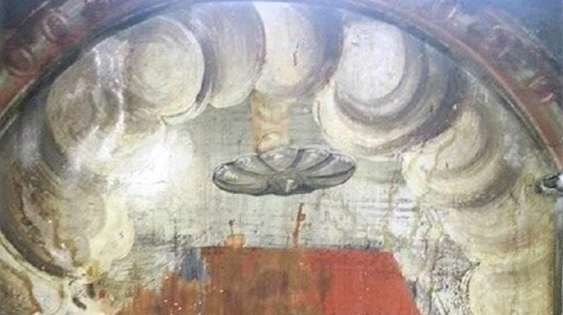 ancient fresco was discovered where a UFO sets fire to a church