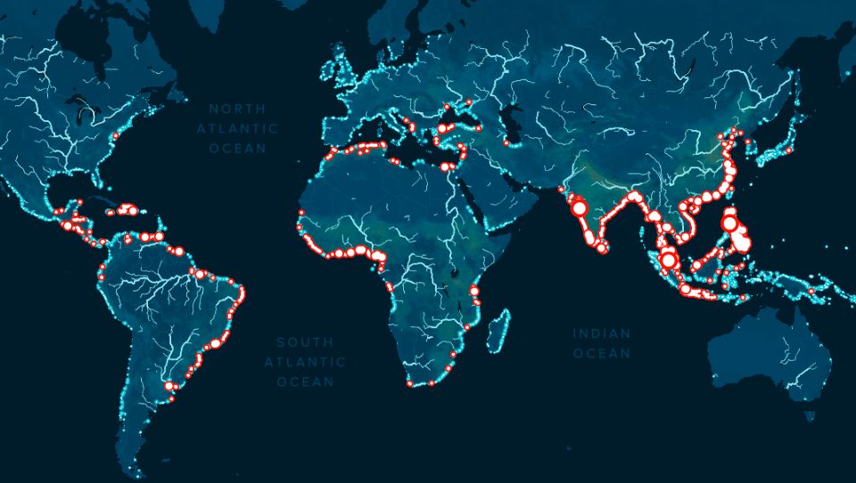 Shown are the regions that most pollute the oceans