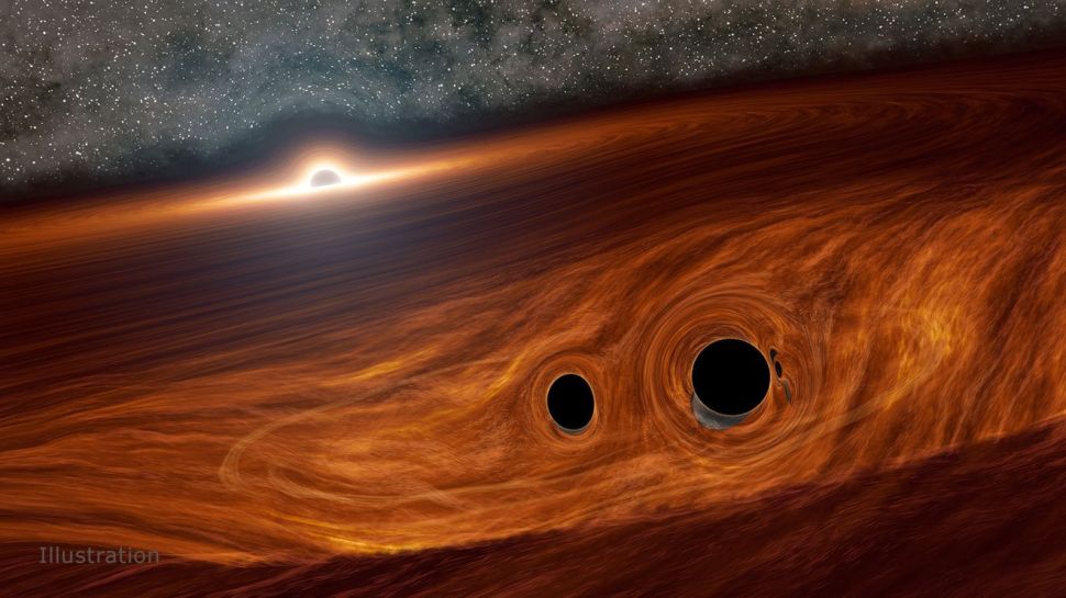 Around a monster black hole smaller black holes collide in strange ways