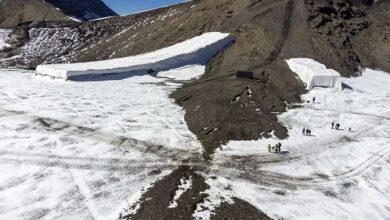 Cliffs exposed between Swiss glaciers due to extreme melting