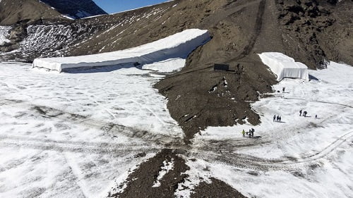 Cliffs exposed between Swiss glaciers due to extreme melting