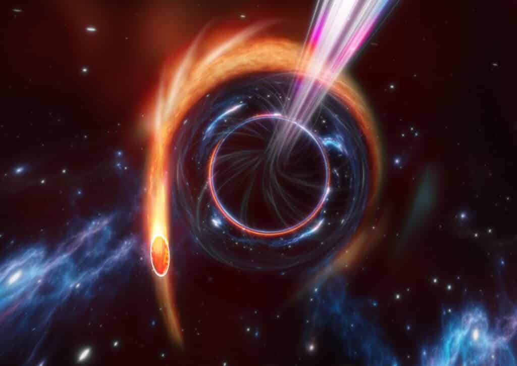 Astronomers have detected a relativistic jet from a star being torn apart by a black hole 1