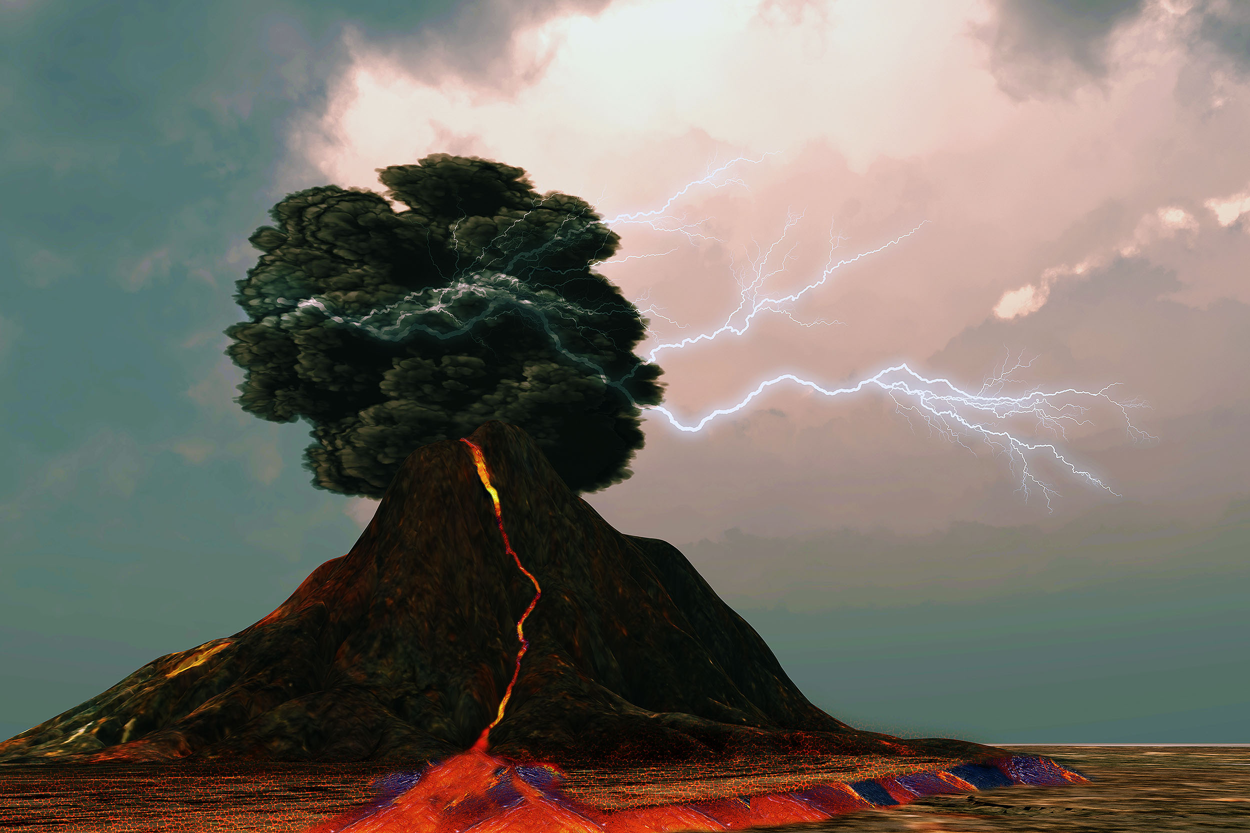 Volcano,And,Lightning,3d,Illustration, ,Lightning,And,Thunder,Crack